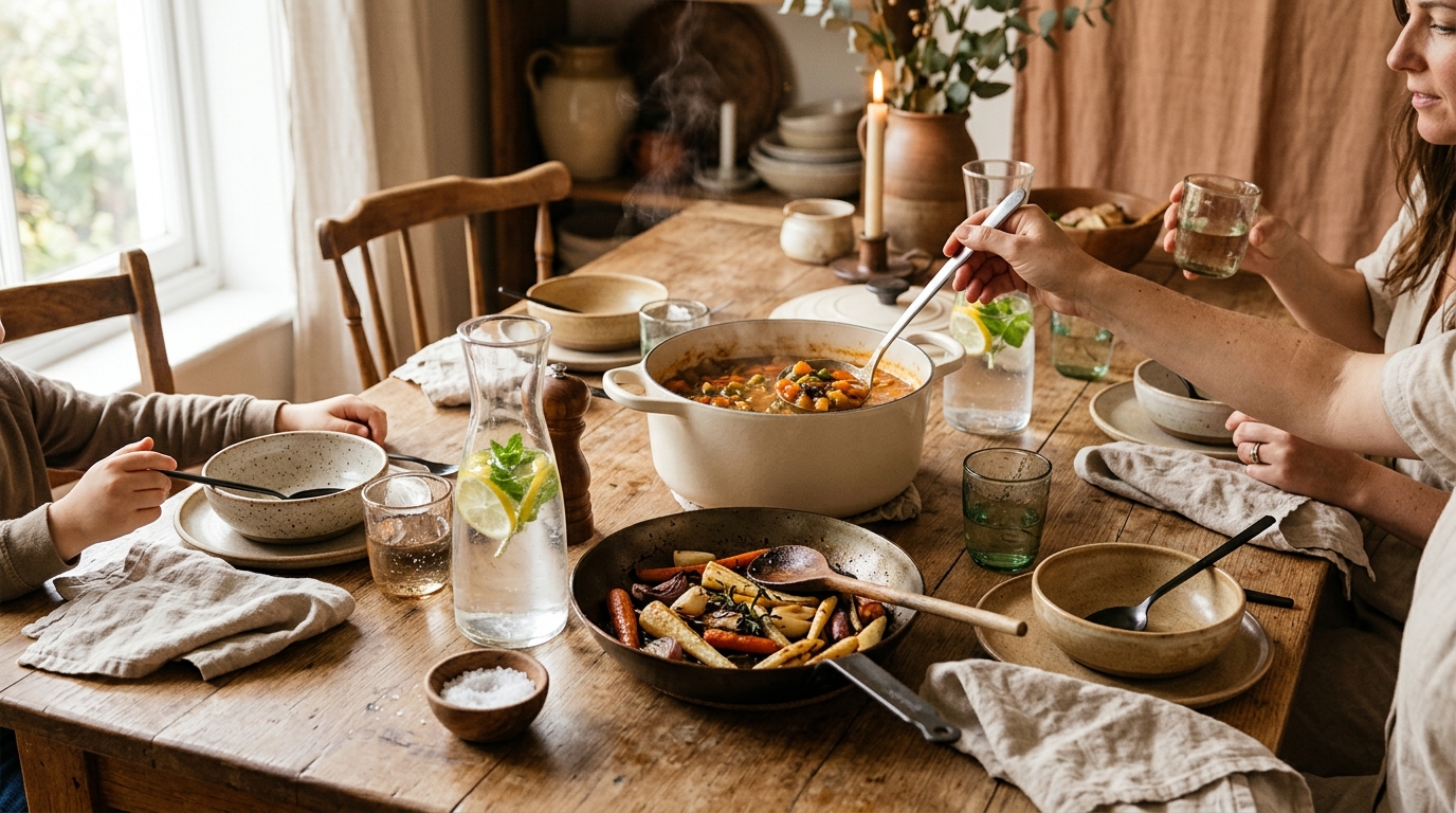 Aesthetic home kitchen table set with non-toxic ceramic Dutch oven and carbon steel cookware