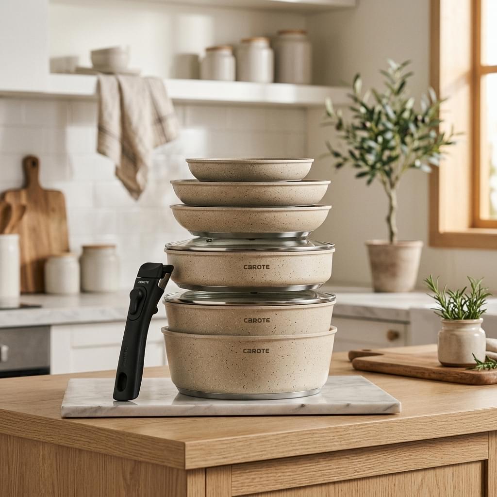 CAROTE 11-Piece Stackable Cookware Set with Removable Click Handles
