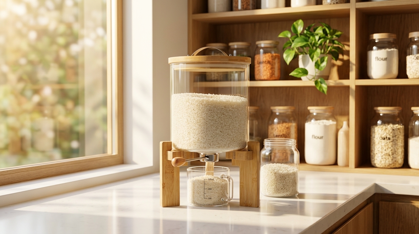 Glass Rice Dispenser with Bamboo Stand: 5L vs 8L Guide